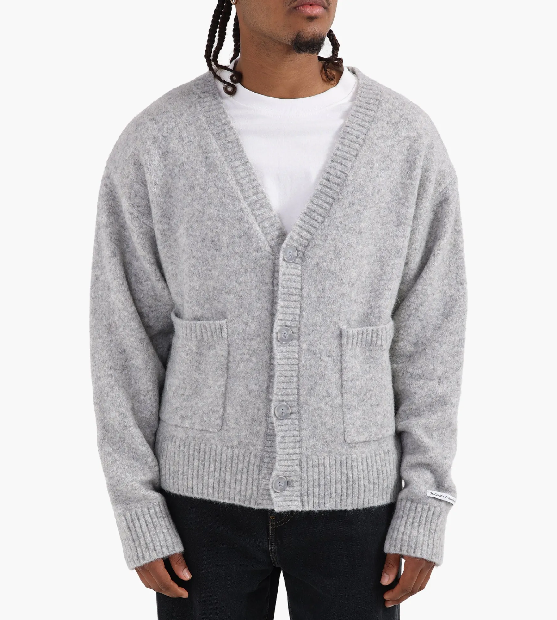about:blank Mohair Knitted Logo Cardigan Grey Ecru
