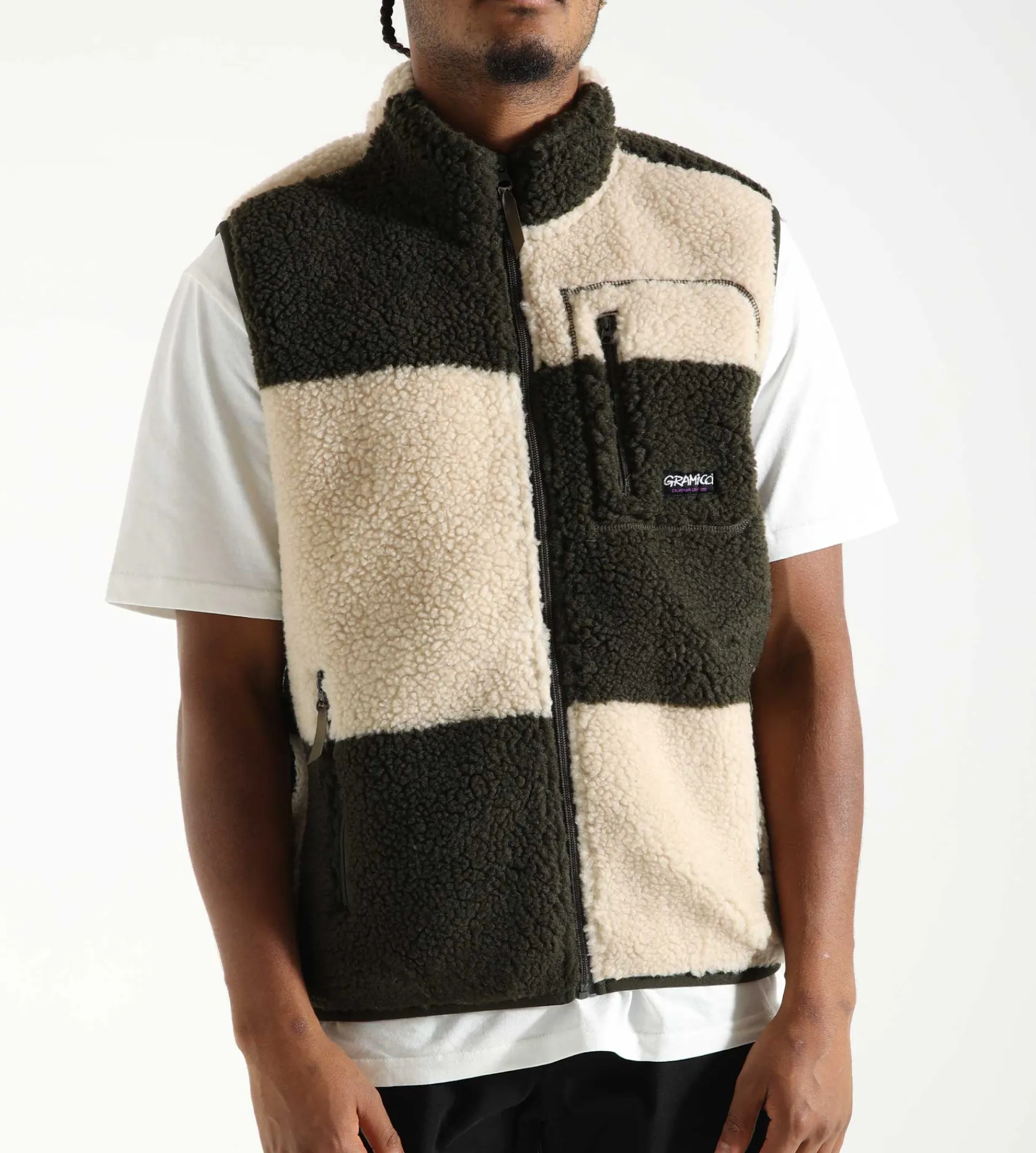 Gramicci Checkered Sherpa Vest Natural Olive Check