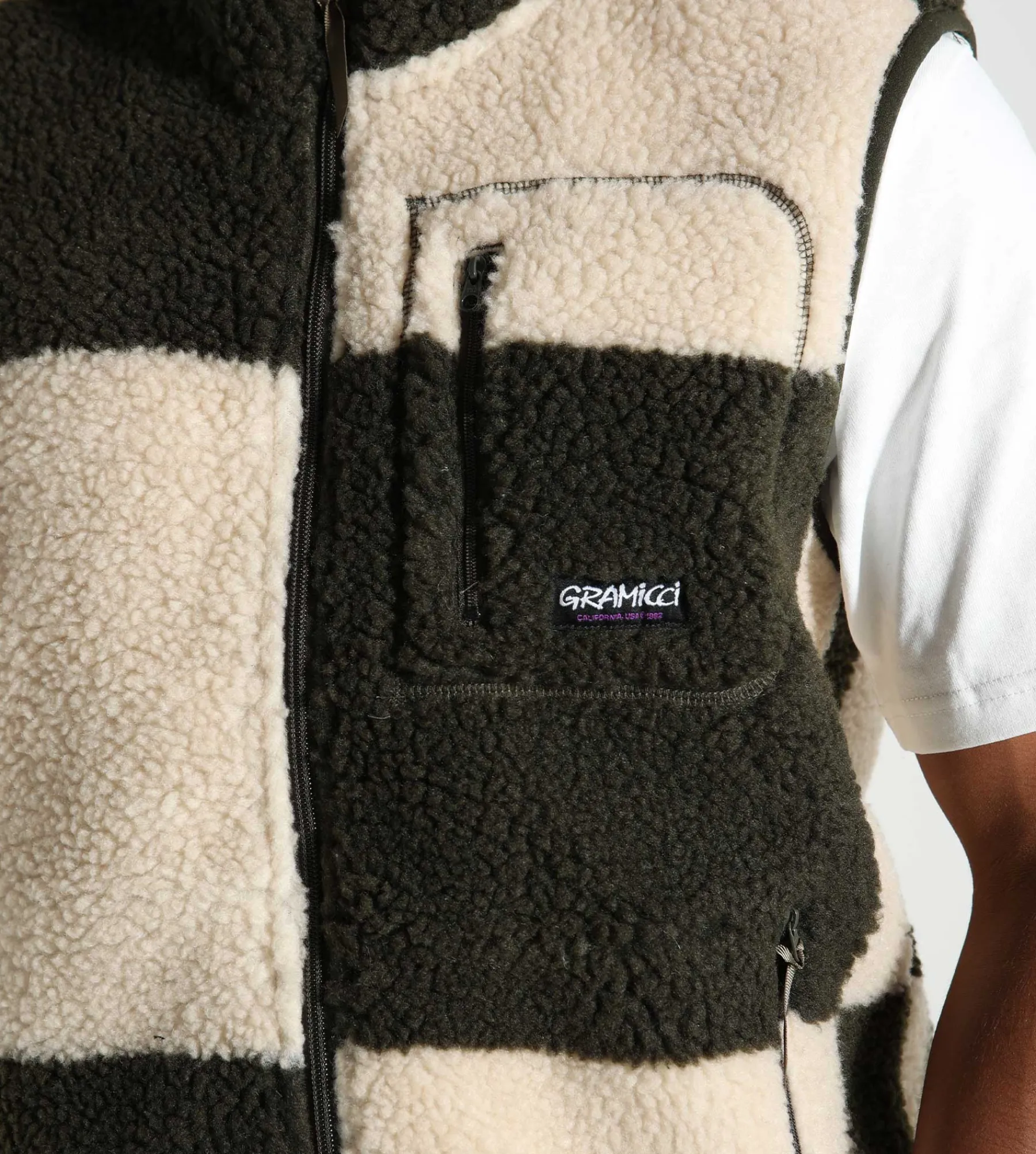 Gramicci Checkered Sherpa Vest Natural Olive Check